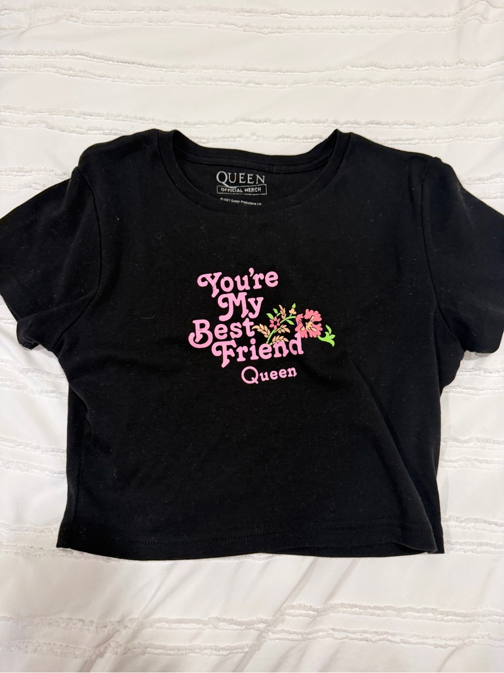 Que Black Tee with Pink Floral 'You're My Best Friend' Graphic